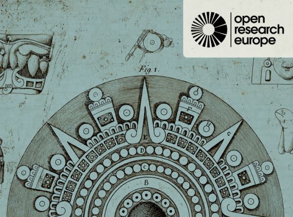 Zgodovinska tehnična ilustracija krožnega mehanizma z logotipom Open Research Europe v zgornjem desnem kotu.