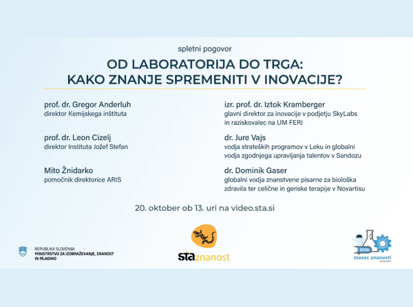 Naslovna grafika spletnega pogovora z imeni sodelujočih govorcev in logotipi podpornikov okrogle mize.